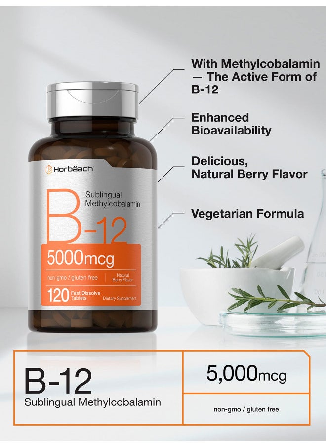 B12 Sublingual Methylcobalamin | 5000mcg | 120 Fast Dissolve Tablets | Vegetarian, Non-GMO and Gluten Free Supplement | by Horbaach