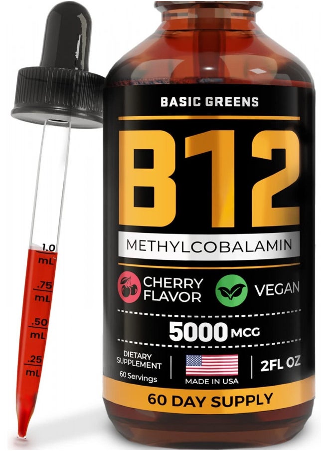 BASIC GREENS Vitamin B12 Sublingual (Vegan) 2 Fl Oz - Methylcobalamin B12 Vitamins 5000 mcg, B12 Liquid, Liquid B12, B12 Drops, Methyl B12, Cherry Flavor