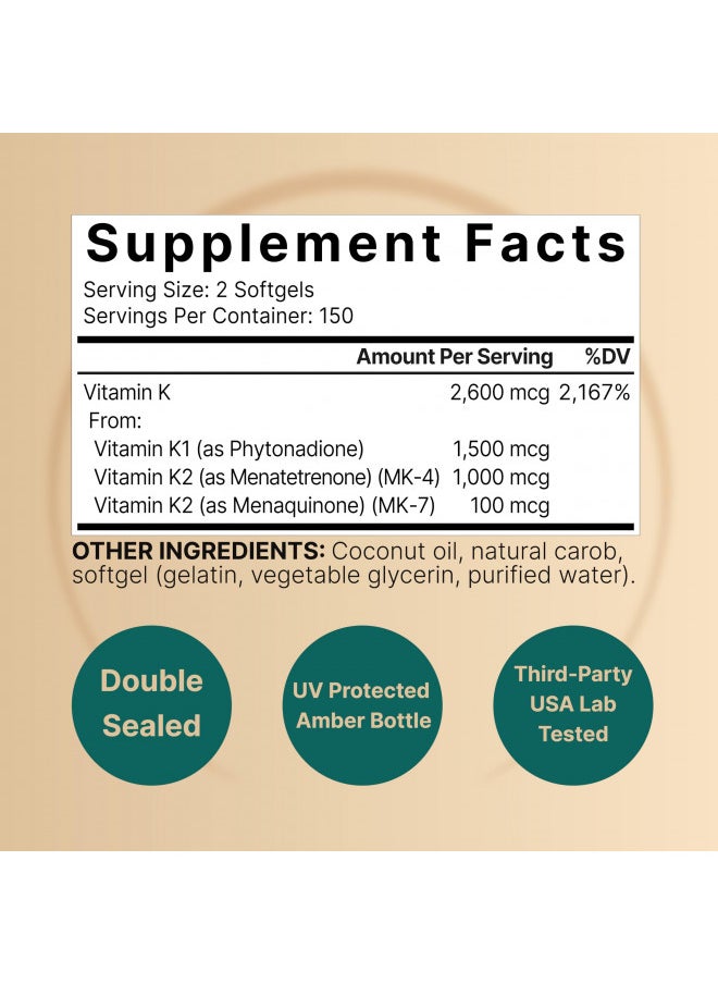 NatureBell Vitamin K Complex, K1 + K2 (MK-7 & MK-4) 2,600mcg Per Serving, 300 Coconut Oil Softgels | Max Absorption Full Spectrum K Vitamins Supplement | Heart & Bone Support | Non-GMO