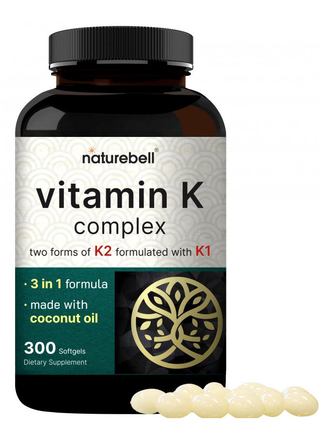 NatureBell Vitamin K Complex, K1 + K2 (MK-7 & MK-4) 2,600mcg Per Serving, 300 Coconut Oil Softgels | Max Absorption Full Spectrum K Vitamins Supplement | Heart & Bone Support | Non-GMO