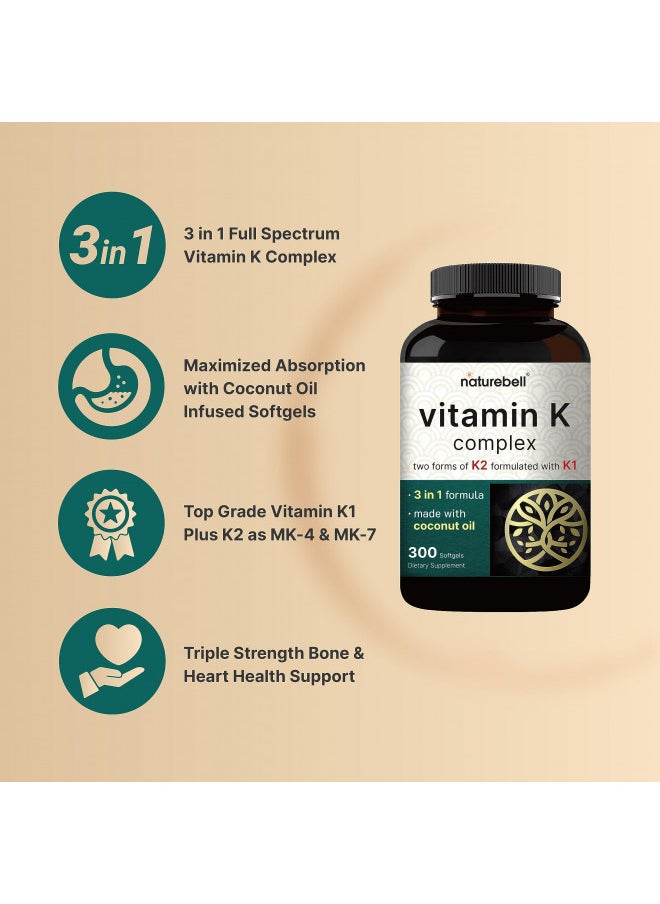 NatureBell Vitamin K Complex, K1 + K2 (MK-7 & MK-4) 2,600mcg Per Serving, 300 Coconut Oil Softgels | Max Absorption Full Spectrum K Vitamins Supplement | Heart & Bone Support | Non-GMO