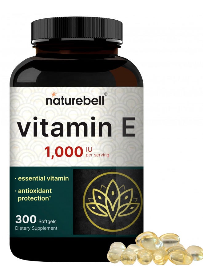 NatureBell Vitamin E Oil Softgels, 1,000 IU Per Serving, 300 Pills | Essential Antioxidant Supplements, Easily Absorbed Form Supports Skin, Heart, & Immune Health Non-GMO