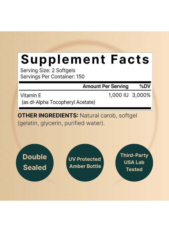 NatureBell Vitamin E Oil Softgels, 1,000 IU Per Serving, 300 Pills | Essential Antioxidant Supplements, Easily Absorbed Form Supports Skin, Heart, & Immune Health Non-GMO