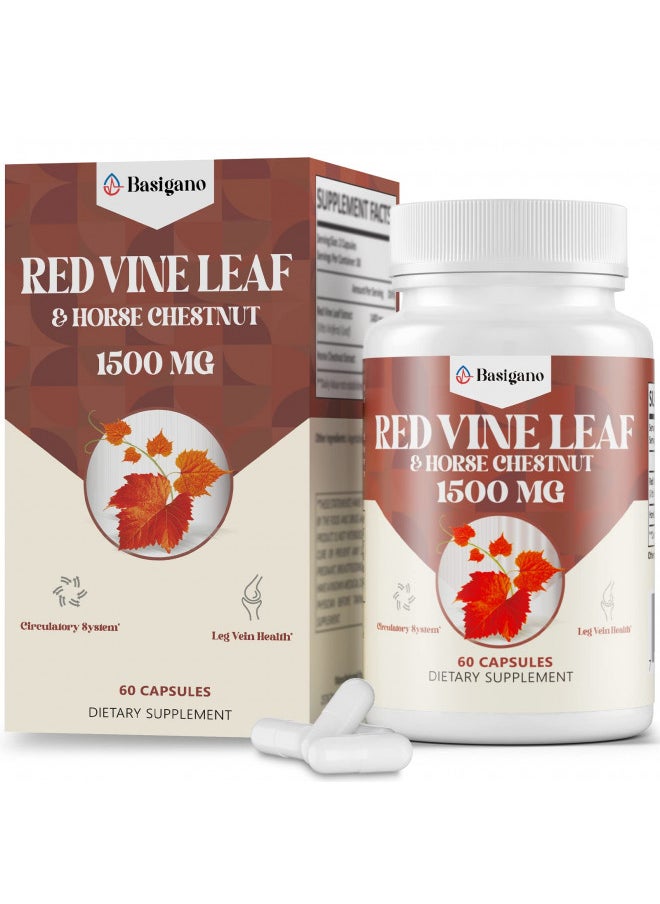 Red Vine Leaf & Horse Chestnut Extract Capsule Supplements (Vitis Vinifera) 1500mg -Premium Extract for Healthy Veins, Circulation, Heart, Skin (1)