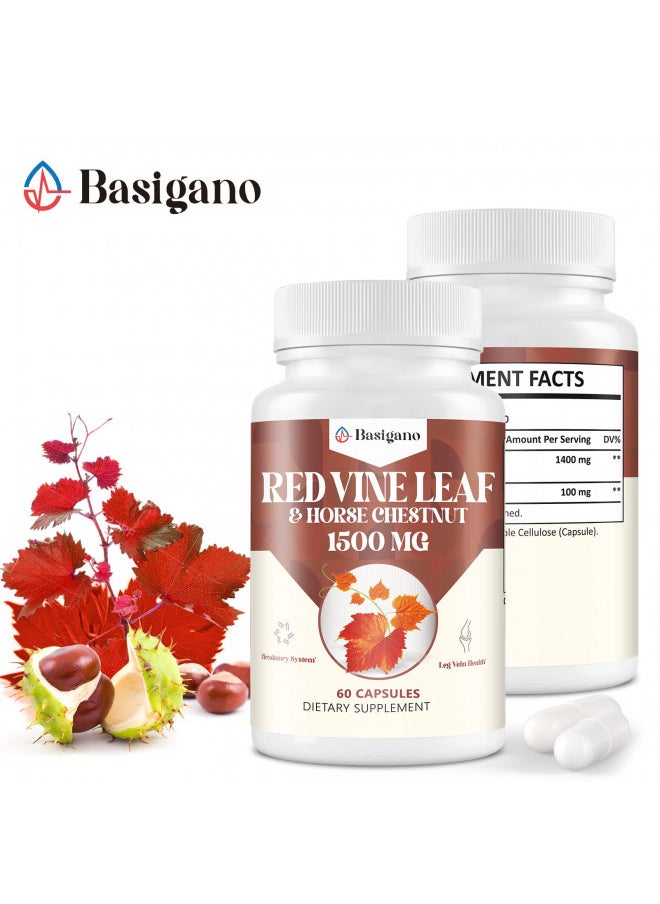 Red Vine Leaf & Horse Chestnut Extract Capsule Supplements (Vitis Vinifera) 1500mg -Premium Extract for Healthy Veins, Circulation, Heart, Skin (1)