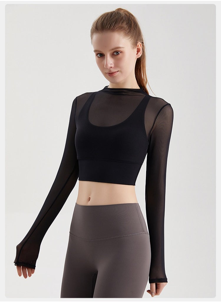 Female Cross Thin Suspender Fashion Mesh Breathable Long Sleeved Fake Two-Piece Yoga Suit