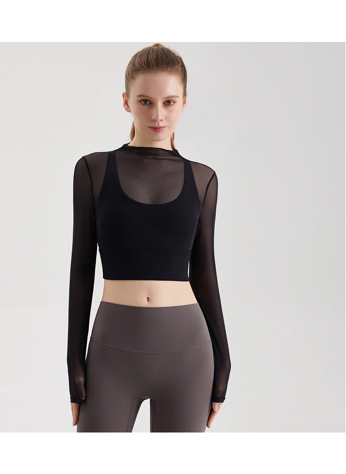 Female Cross Thin Suspender Fashion Mesh Breathable Long Sleeved Fake Two-Piece Yoga Suit