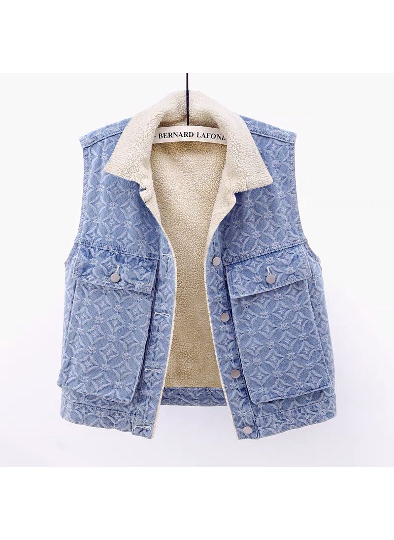 Autumn Winter Thickened Fleece Denim Vest Loose BF Style Womens Waistcoat Light Blue