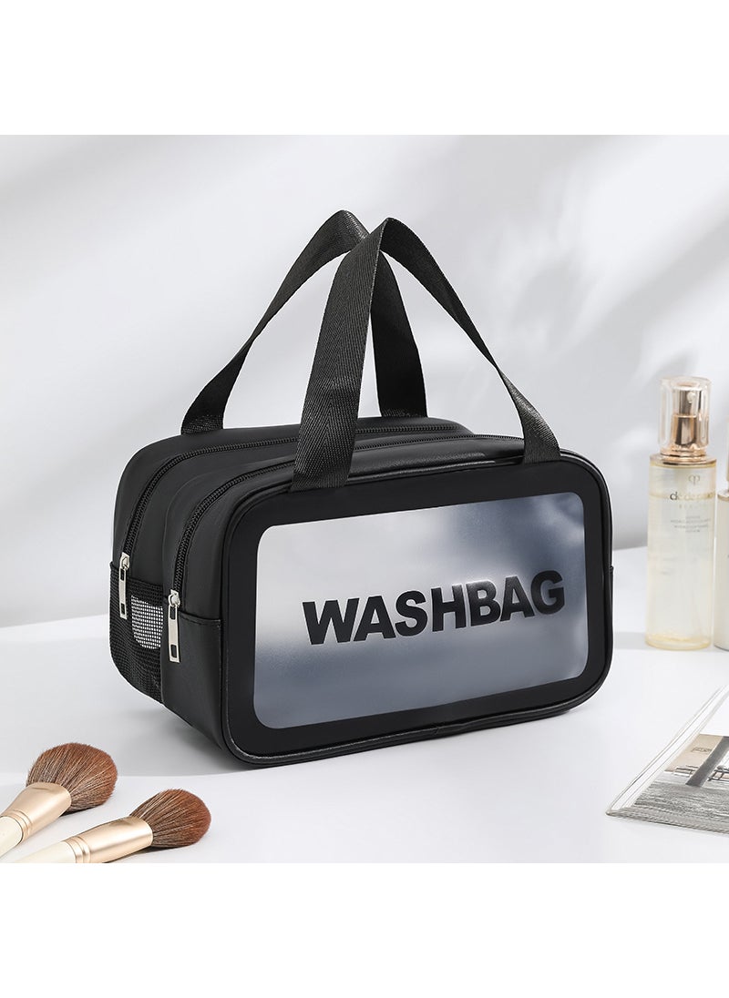 Large Capacity PU Waterproof Cosmetic Bag Double Black Medium