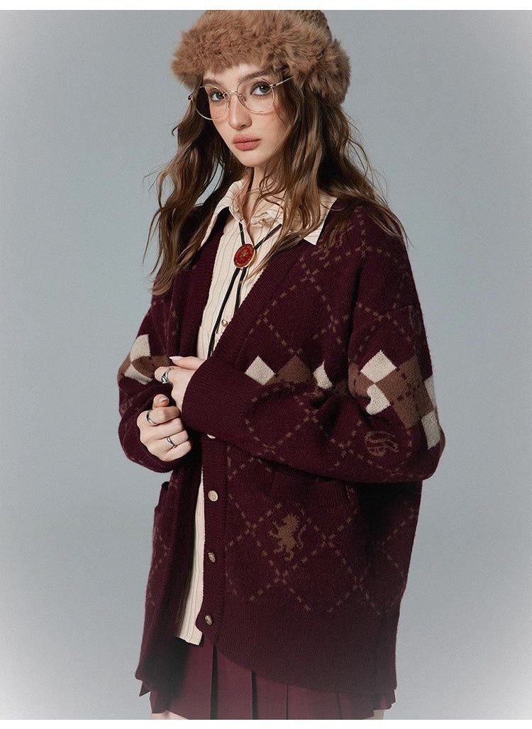 Harry Potter Designer Colorblock Cardigan Sweater Women Autumn Winter 2024 New College Style Wine red