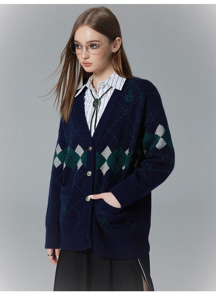 Harry Potter Designer Colorblock Cardigan Sweater Women Autumn Winter 2024 New College Style Navy blue
