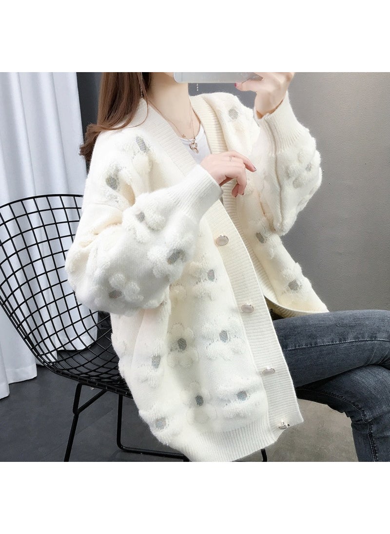 Knitted Cardigan Contrast Loose Embroidered Womens Sweater White