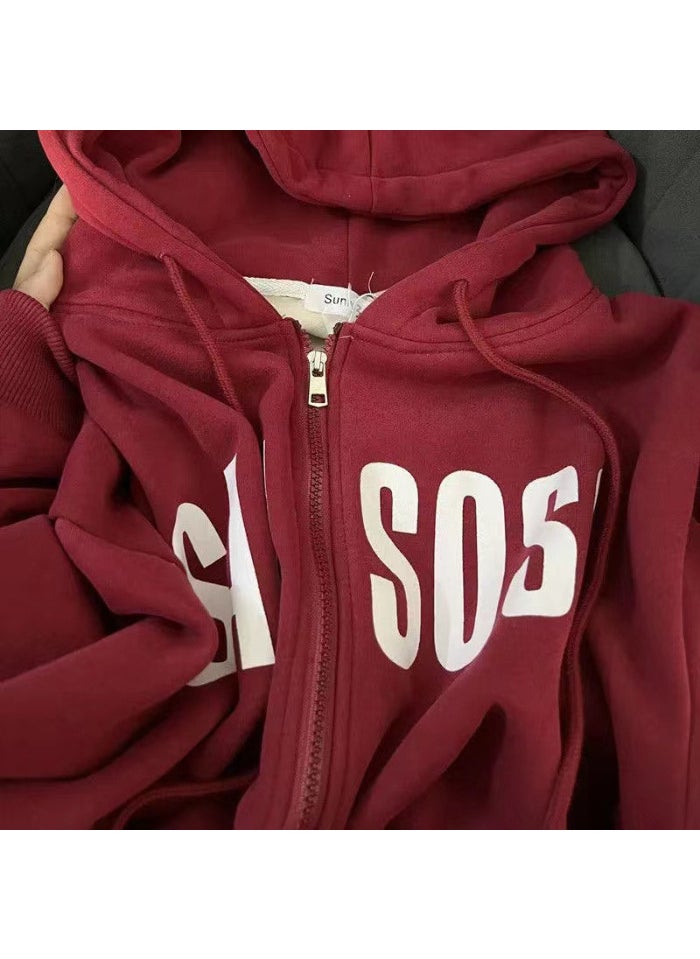 Burgundy Hooded Velvet Sweatshirt Winter Retro Loose Women Wine Red [Silver Fox velvet]]