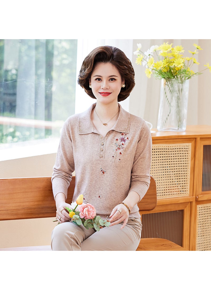 Elegant Embroidered Sweater Autumn Casual Knitwear for Mature Women Beige top