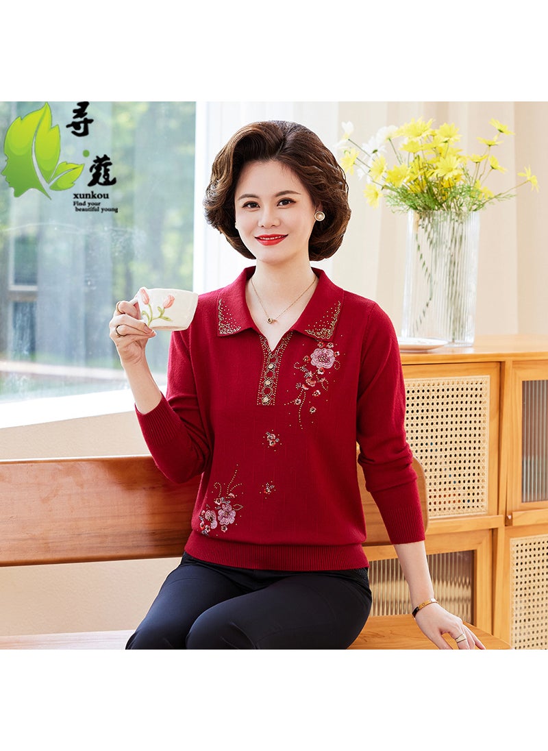 Elegant Embroidered Sweater Autumn Casual Knitwear for Mature Women Beige top