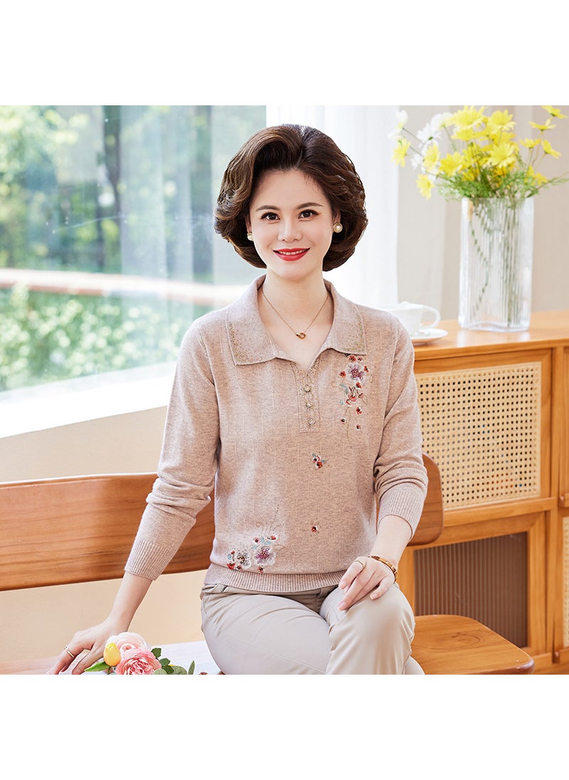 Elegant Embroidered Sweater Autumn Casual Knitwear for Mature Women Beige top