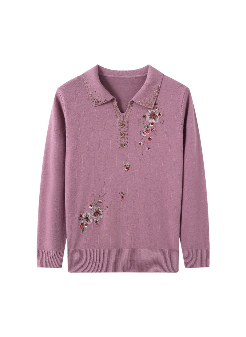 Elegant Embroidered Sweater Autumn Casual Knitwear for Mature Women Beige top