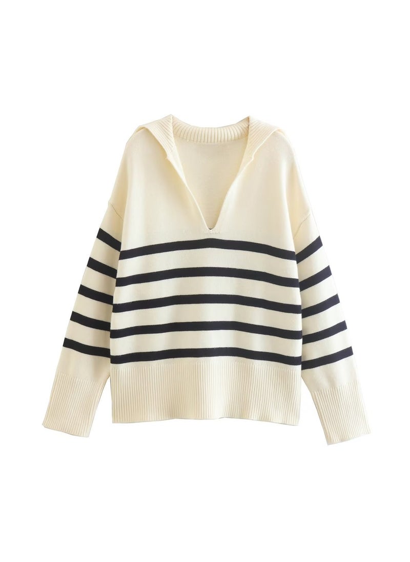 2023 European Style Stripe V-Neck Womens Sweater Large A215-2386