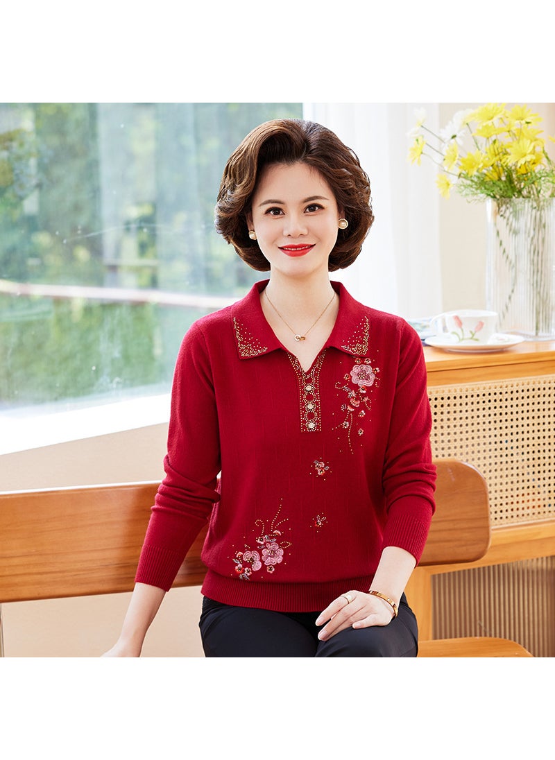 Elegant Embroidered Sweater Autumn Casual Knitwear for Mature Women Purple top