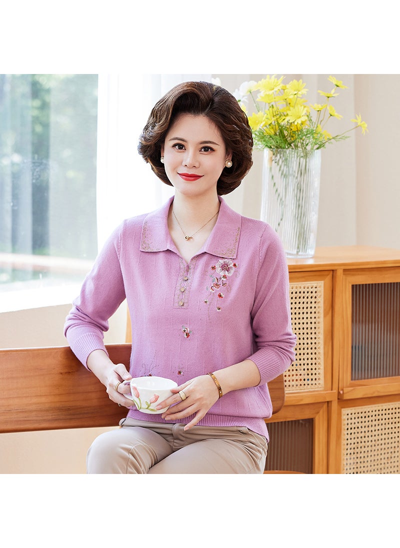 Elegant Embroidered Sweater Autumn Casual Knitwear for Mature Women Purple top