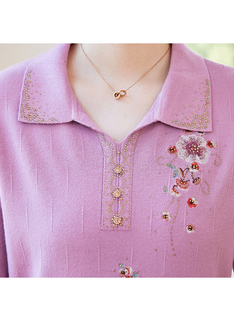 Elegant Embroidered Sweater Autumn Casual Knitwear for Mature Women Purple top