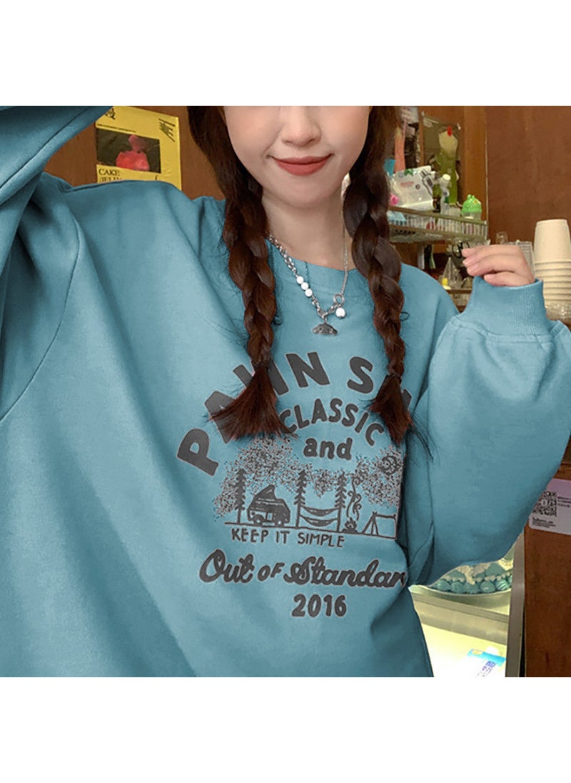 Fleece Lined Loose Sweatshirt Women Autumn Winter Crewneck Long Sleeve Top Light blue