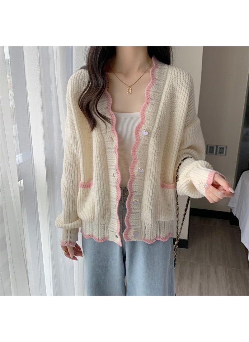 1 x 5 pcs Sweet V-Neck Knit Cardigan Soft Loose Sweater Creamy-white