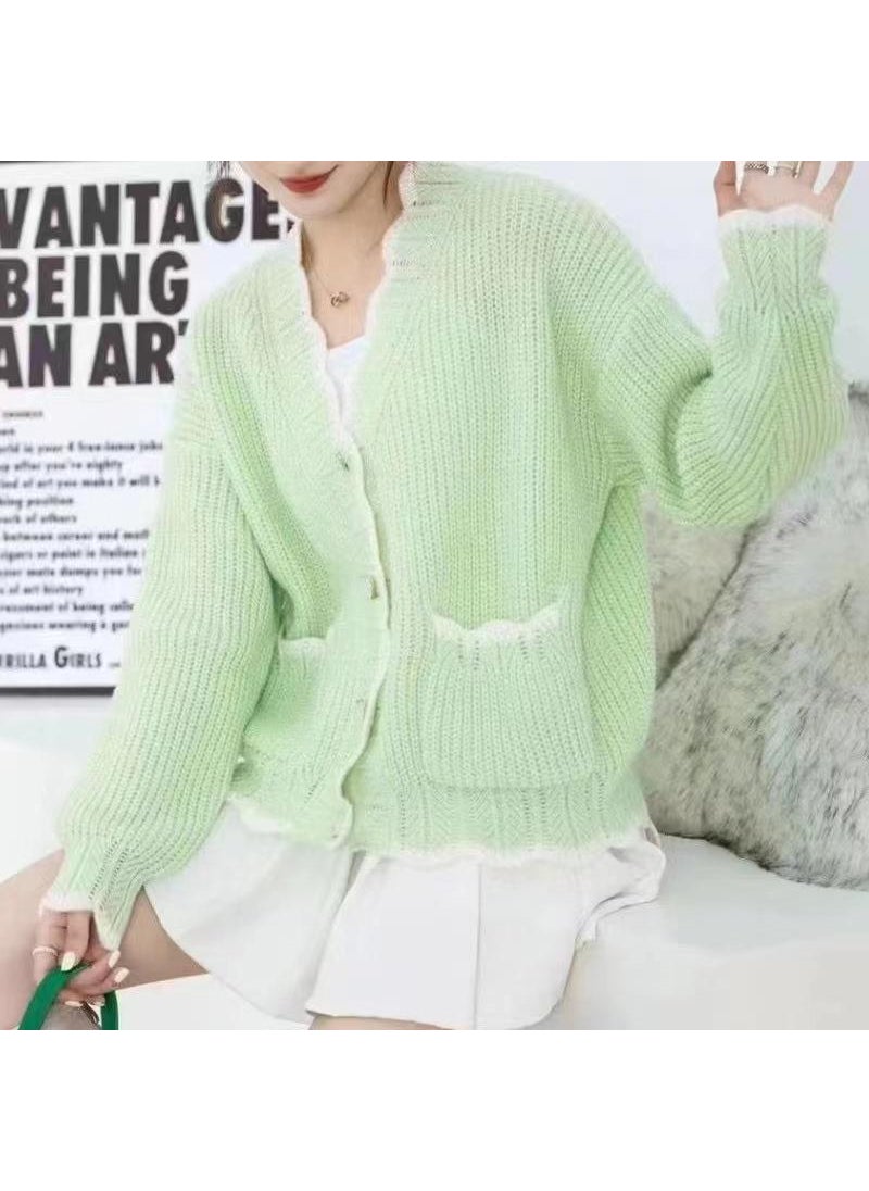 1 x 5 pcs Sweet V-Neck Knit Cardigan Soft Loose Sweater Green