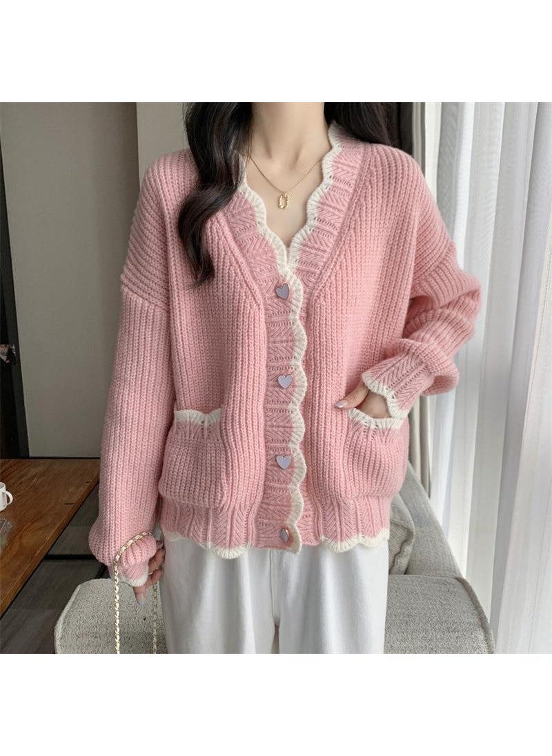 1 x 5 pcs Sweet V-Neck Knit Cardigan Soft Loose Sweater Pink