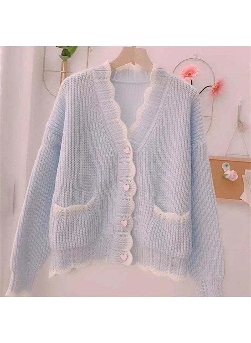 1 x 5 pcs Sweet V-Neck Knit Cardigan Soft Loose Sweater Sky Blue