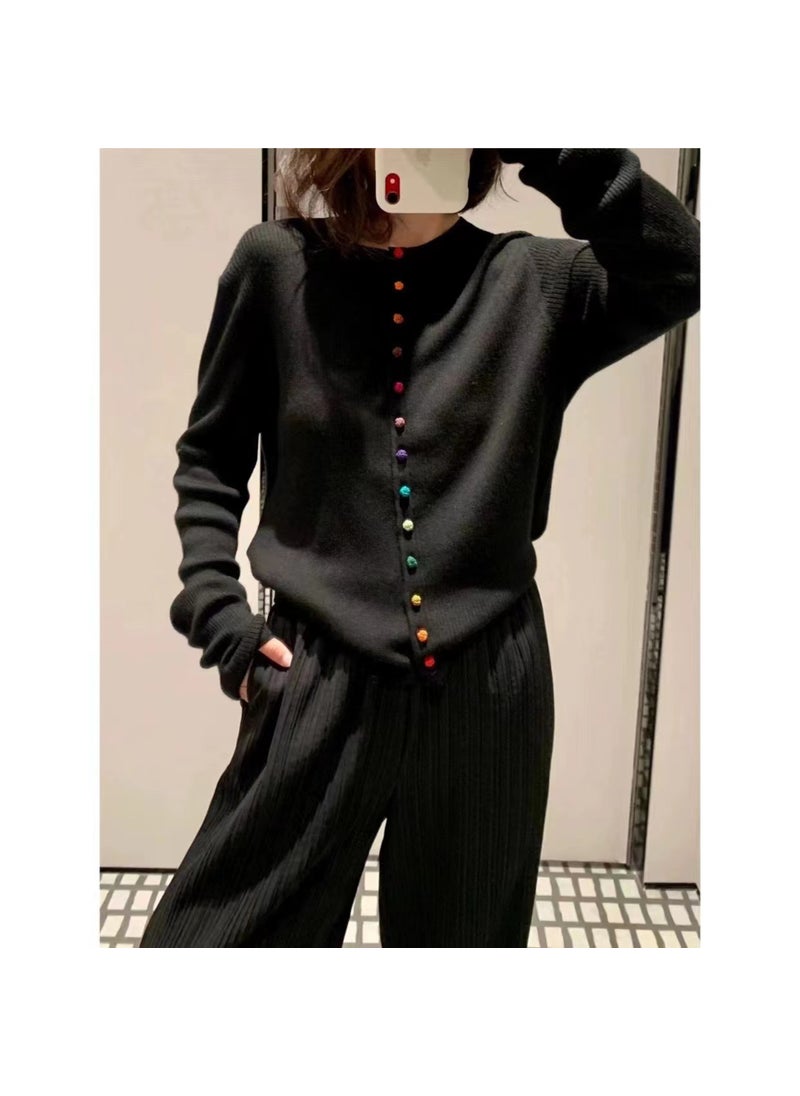 1 x 5 pcs Autumn Fine Wool Black Knitted Cardigan Womens Slim Fit Colorful Chinese Style Sweater Black