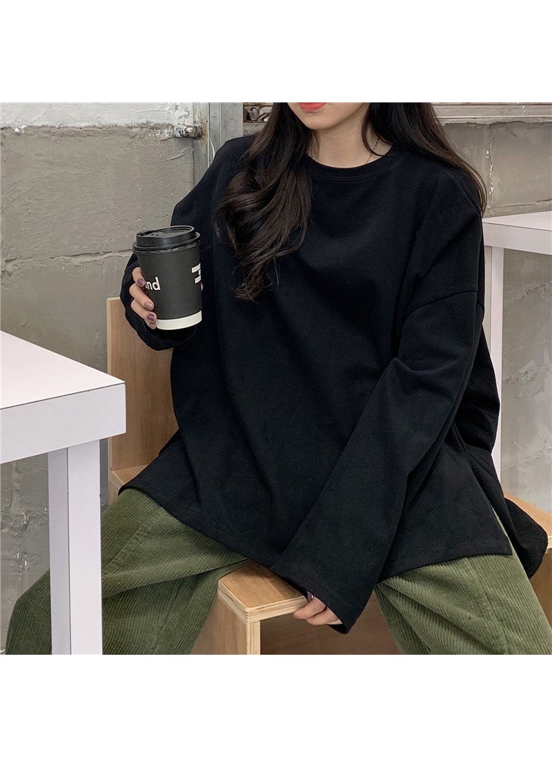 1 x 5 pcs 2024 Autumn Split Solid Long-Sleeve Tee Black