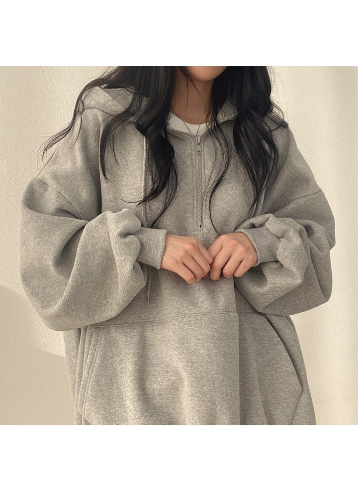 Trendy Hoodie Zip-Up Long Style Casual Womens Sweatshirt 600 gray thin