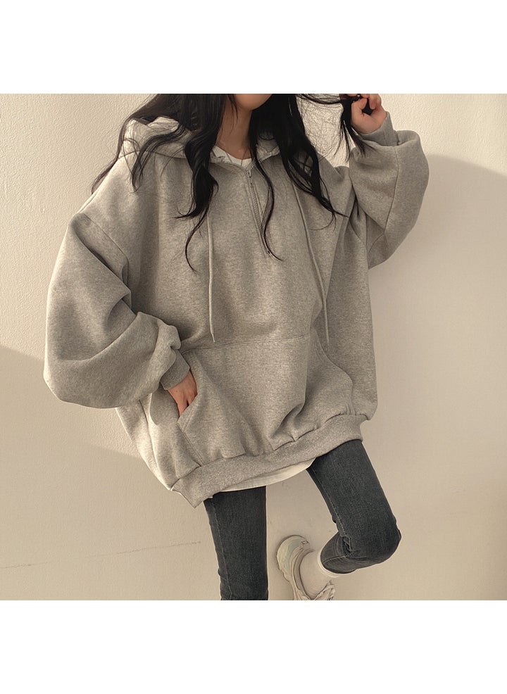 Trendy Hoodie Zip-Up Long Style Casual Womens Sweatshirt 600 gray fleece-lined