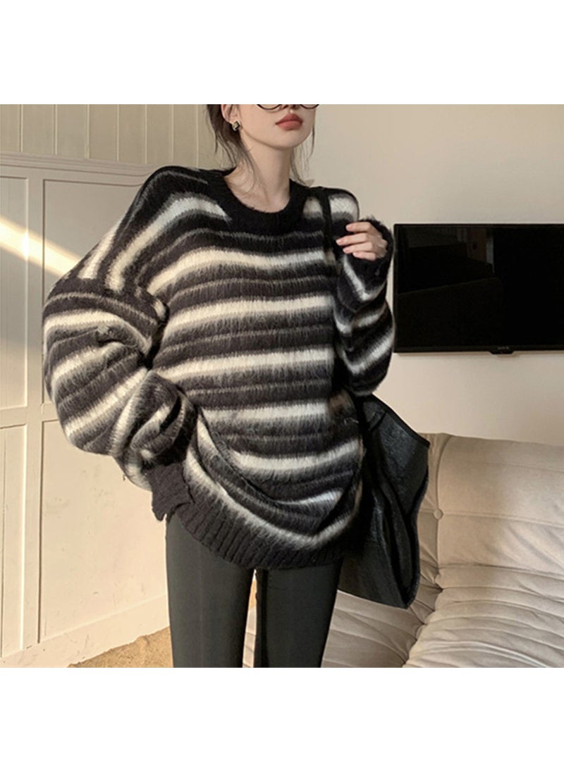 1 x 5 pcs Womens Retro Stripe Loose Sweater Black