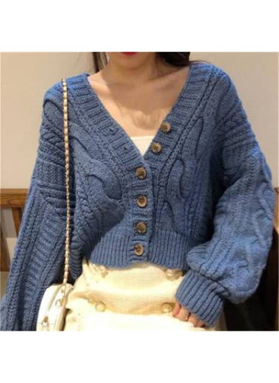 1 x 5 pcs 2024 Autumn V-Neck Cardigan Fashionable Loose Knit Sweater Blue