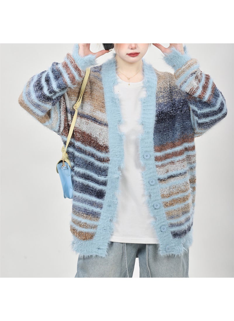 Vintage Striped V-Neck Cardigan for Women Autumn/Winter Blue