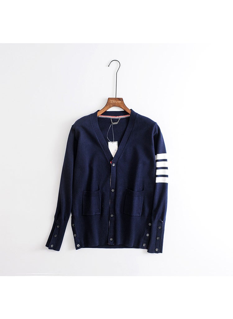 1 x 5 pcs Chic Stripe Knit Cardigan Slim Sweet Spring Autumn Navy blue