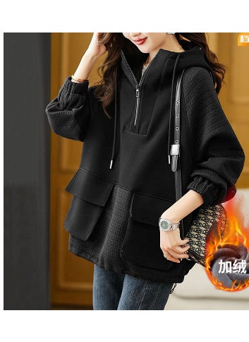 2023 Autumn Fashion Slim-Fit Color-Block Hoodie for Women Black plus velvet thickening