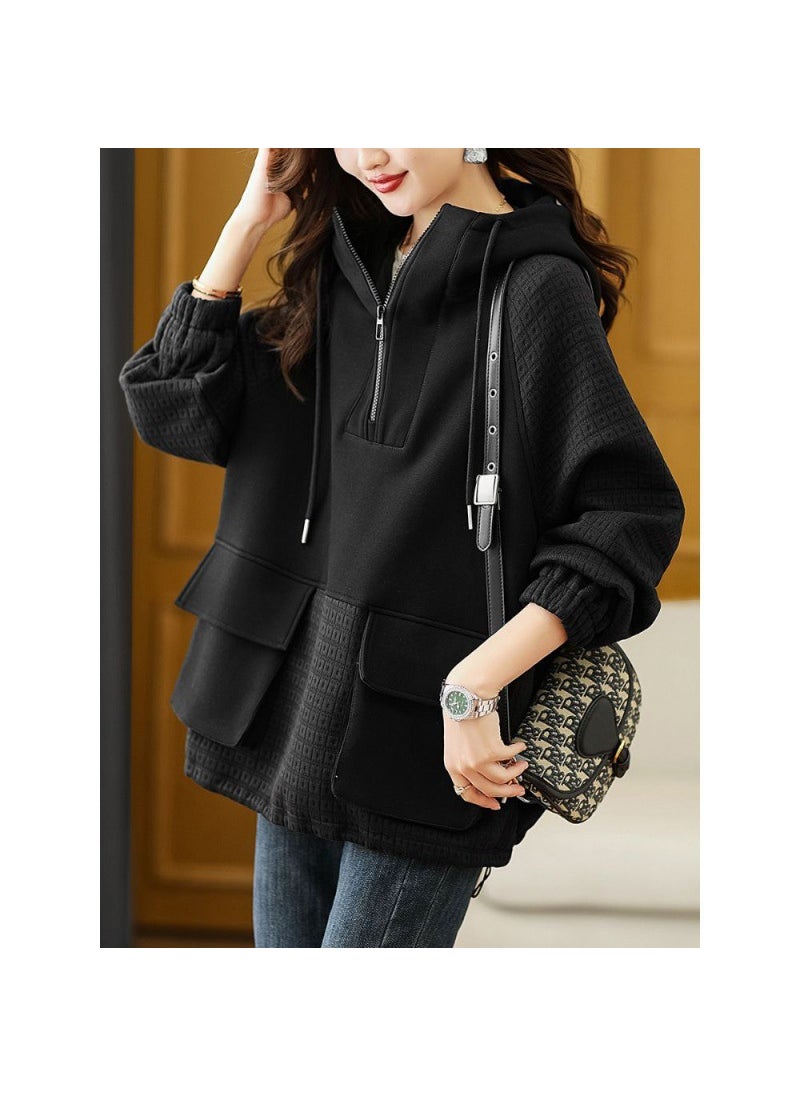 2023 Autumn Fashion Slim-Fit Color-Block Hoodie for Women Black