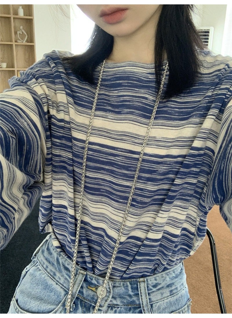 1 x 5 pcs Striped Long Sleeve Tee Women Spring Casual Blue