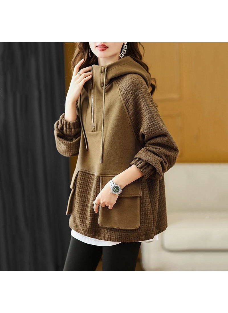 2023 Autumn Fashion Slim-Fit Color-Block Hoodie for Women Brown