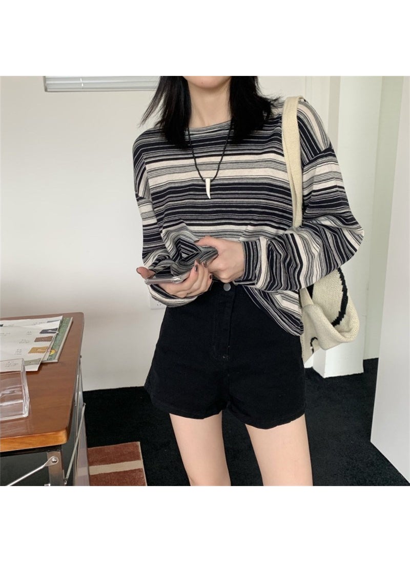 1 x 5 pcs Striped Long Sleeve Tee Women Spring Casual Black