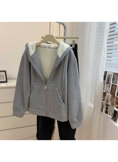 1 x 5 pcs Retro Zip Jacket Women Winter 2023 Casual Thicken Hoodie Light gray