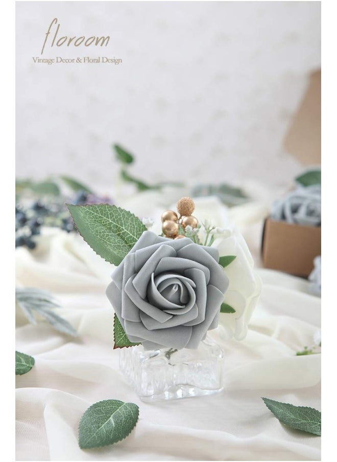 Artificial Flowers 25 Pieces Real Looking Silver Grey Foam Fake Roses With Stems For Diy Wedding Bouquets Bridal Shower Centerpieces Floral Arrangements Party Tables Home Decorations