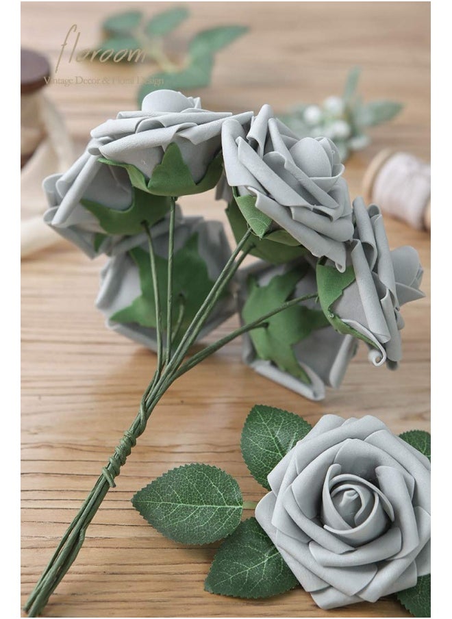 Artificial Flowers 25 Pieces Real Looking Silver Grey Foam Fake Roses With Stems For Diy Wedding Bouquets Bridal Shower Centerpieces Floral Arrangements Party Tables Home Decorations