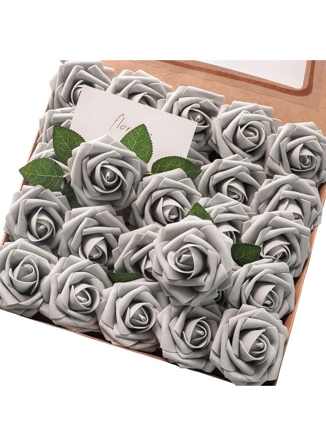 Artificial Flowers 25 Pieces Real Looking Silver Grey Foam Fake Roses With Stems For Diy Wedding Bouquets Bridal Shower Centerpieces Floral Arrangements Party Tables Home Decorations