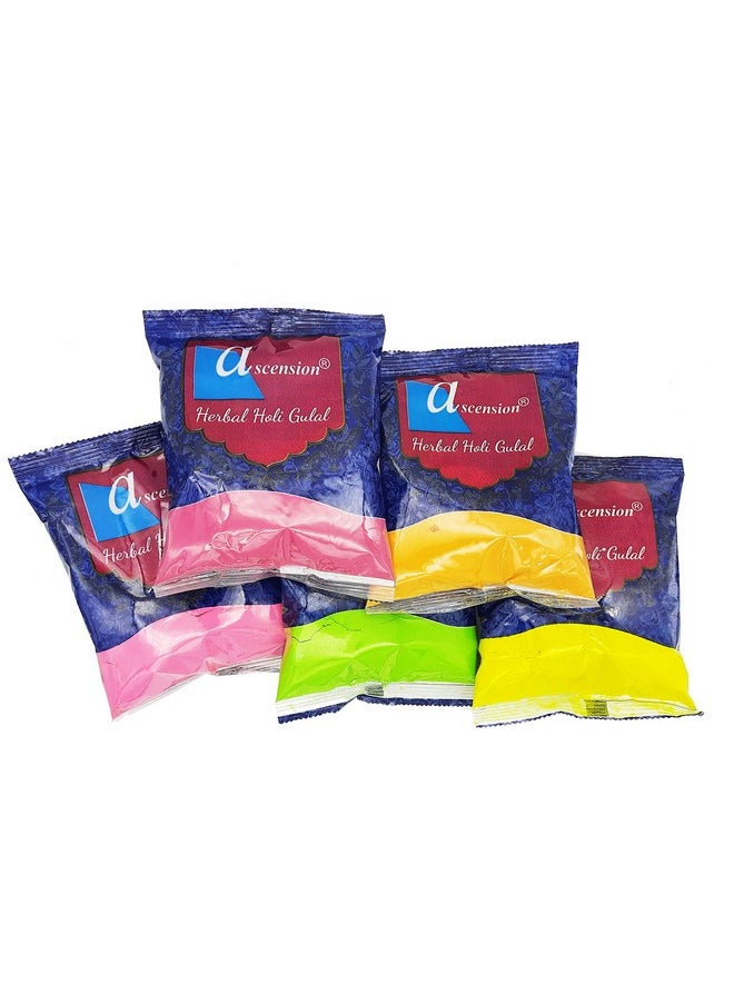 Natural Holi Gulal Colour & Rangoli Colors - Orange, Yellow, Red, Green And Pink Tesu Flower, Rose Petals, Marigold, Maize Starch, Food Colour - Pack Of 5 (80Gm X 5)