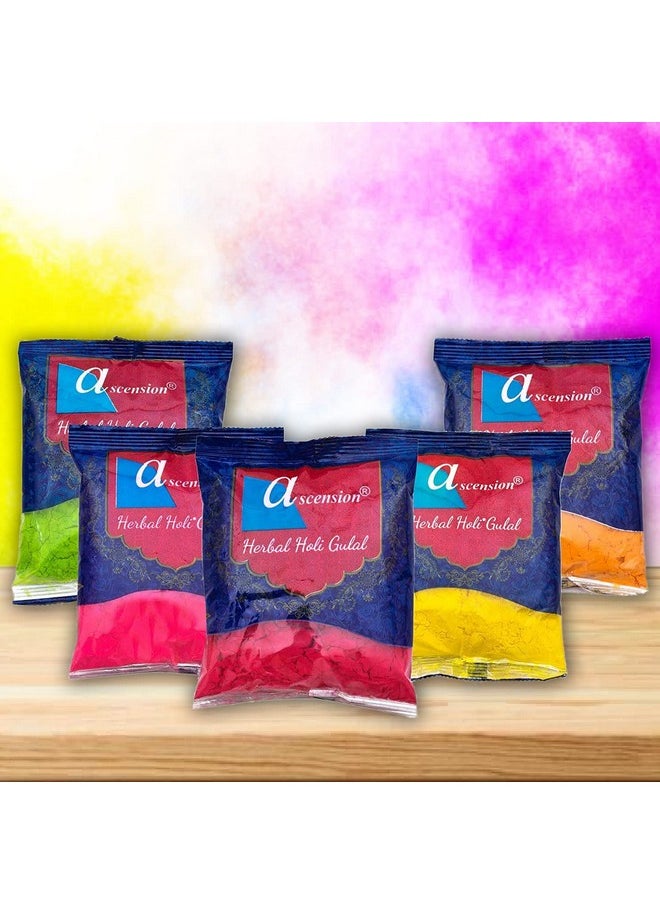 Natural Holi Gulal Colour & Rangoli Colors - Orange, Yellow, Red, Green And Pink Tesu Flower, Rose Petals, Marigold, Maize Starch, Food Colour - Pack Of 5 (80Gm X 5)