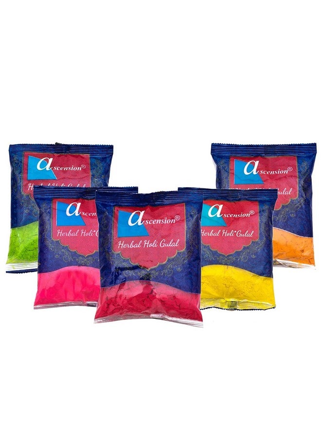 Natural Holi Gulal Colour & Rangoli Colors - Orange, Yellow, Red, Green And Pink Tesu Flower, Rose Petals, Marigold, Maize Starch, Food Colour - Pack Of 5 (80Gm X 5)